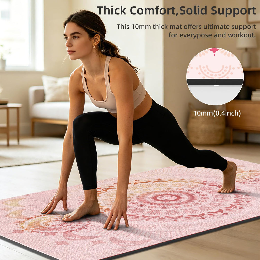 Printed yoga mat 72"x40"x0.4", suede fabric fitness mat (Pink)