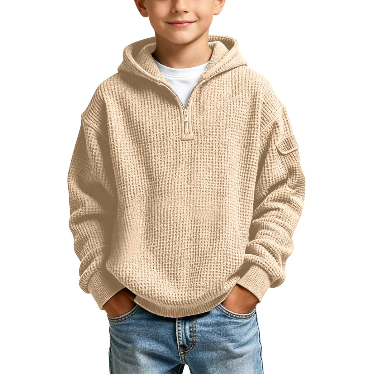 Sudadera con capucha de punto gofrado con cremallera corta para niño
