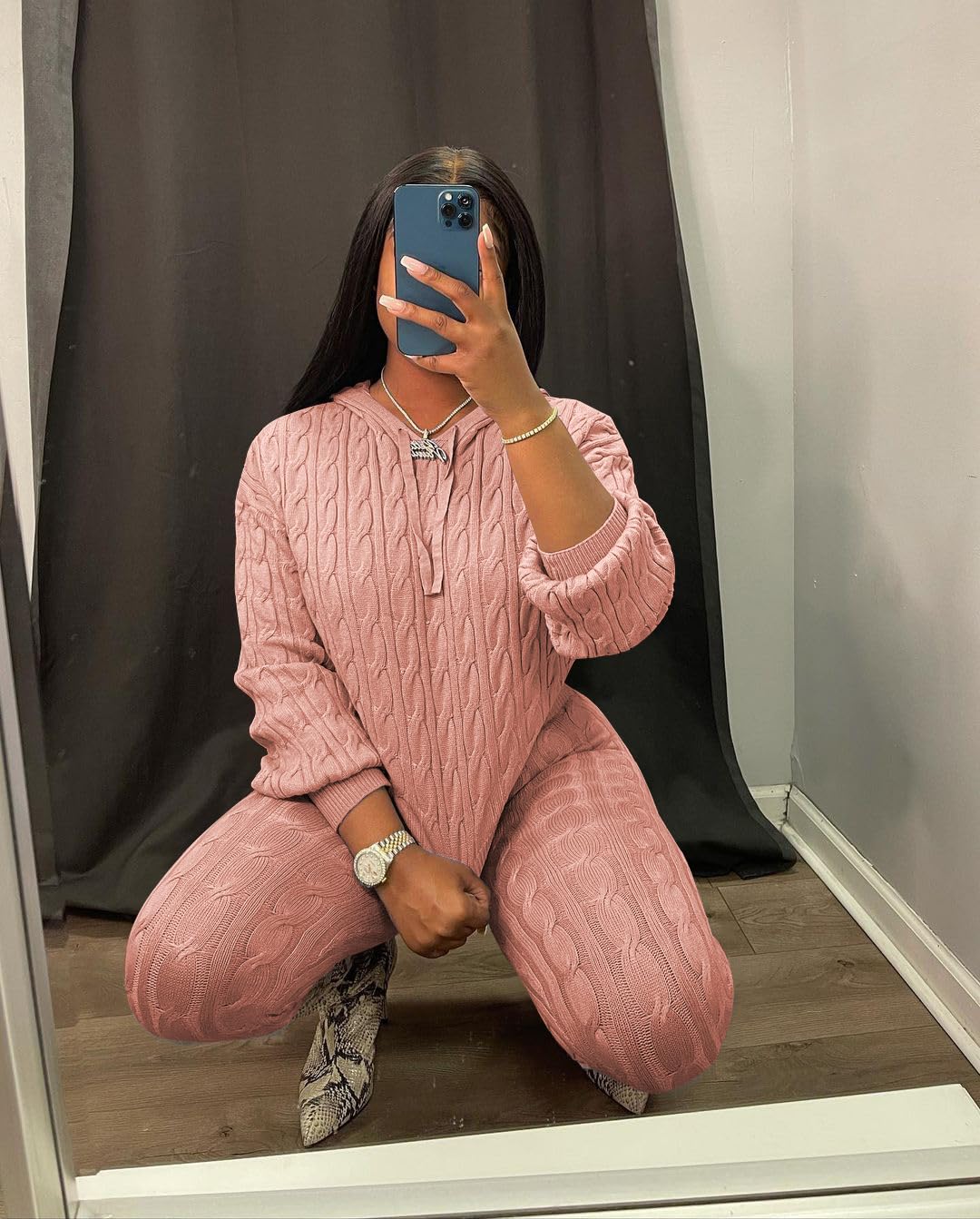 Nimsruc Knit Two Piece Outfits For Women Sweater Sets Long Sleeve Pullover Tracksuits Lounge Sweatsuits Hoodie Crochet Pants Sets Matching Clothing Pink M