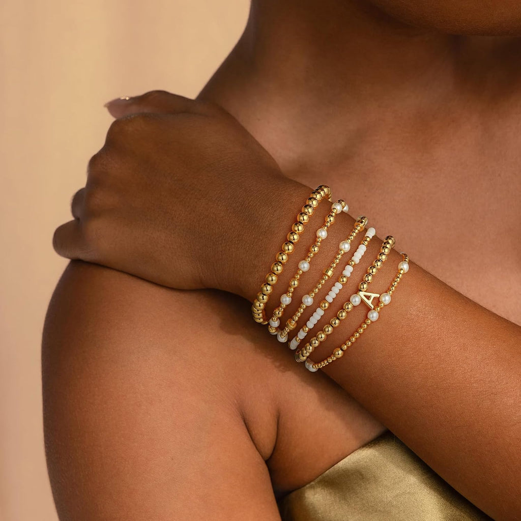 Initial Charms – 6-Piece Gold Beaded Bracelet Set