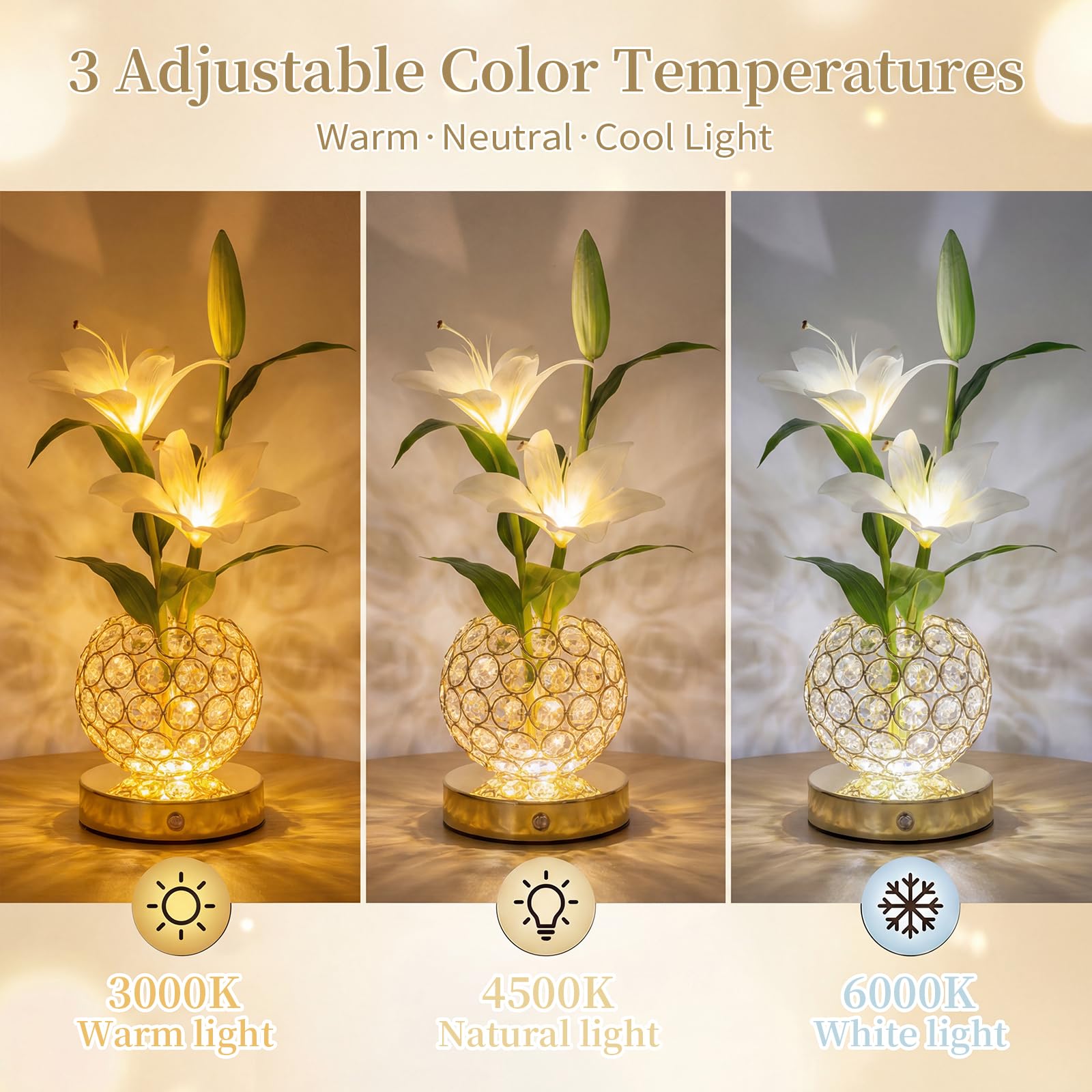MMHF Stargazer Lily Crystal Table Lamp, Rechargeable Touch Flowers Lamp