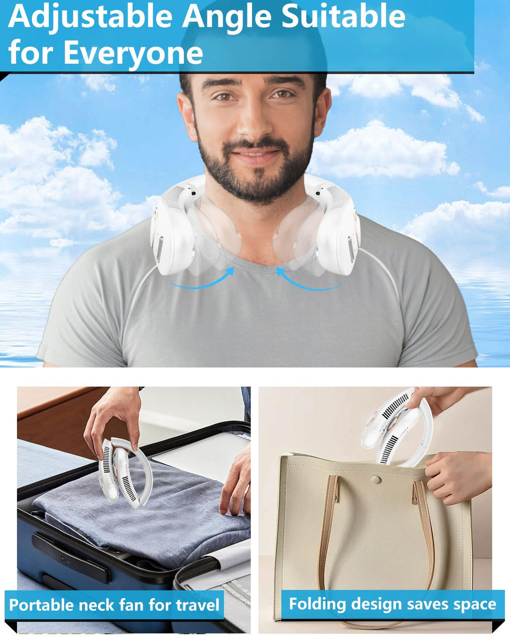 Portable Neck Fans with Mist, Rechargeable 4-9H Lasting Neck Cooling that Blow Cold Air, 5 Speeds & LED display, USB-C Bladeless Folding Personal Mister for Kid Adult Indoor Outdoors Sports, White