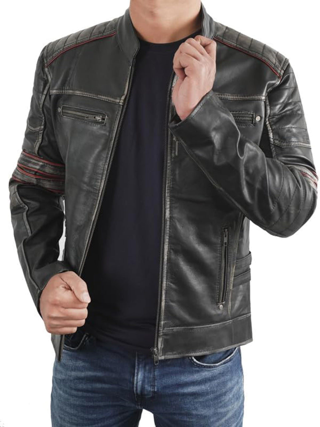 Distressed Vintage Cafe Racer Leather Jacket