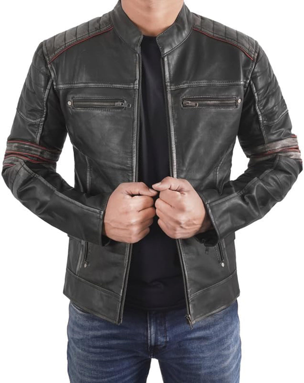 Distressed Vintage Cafe Racer Leather Jacket