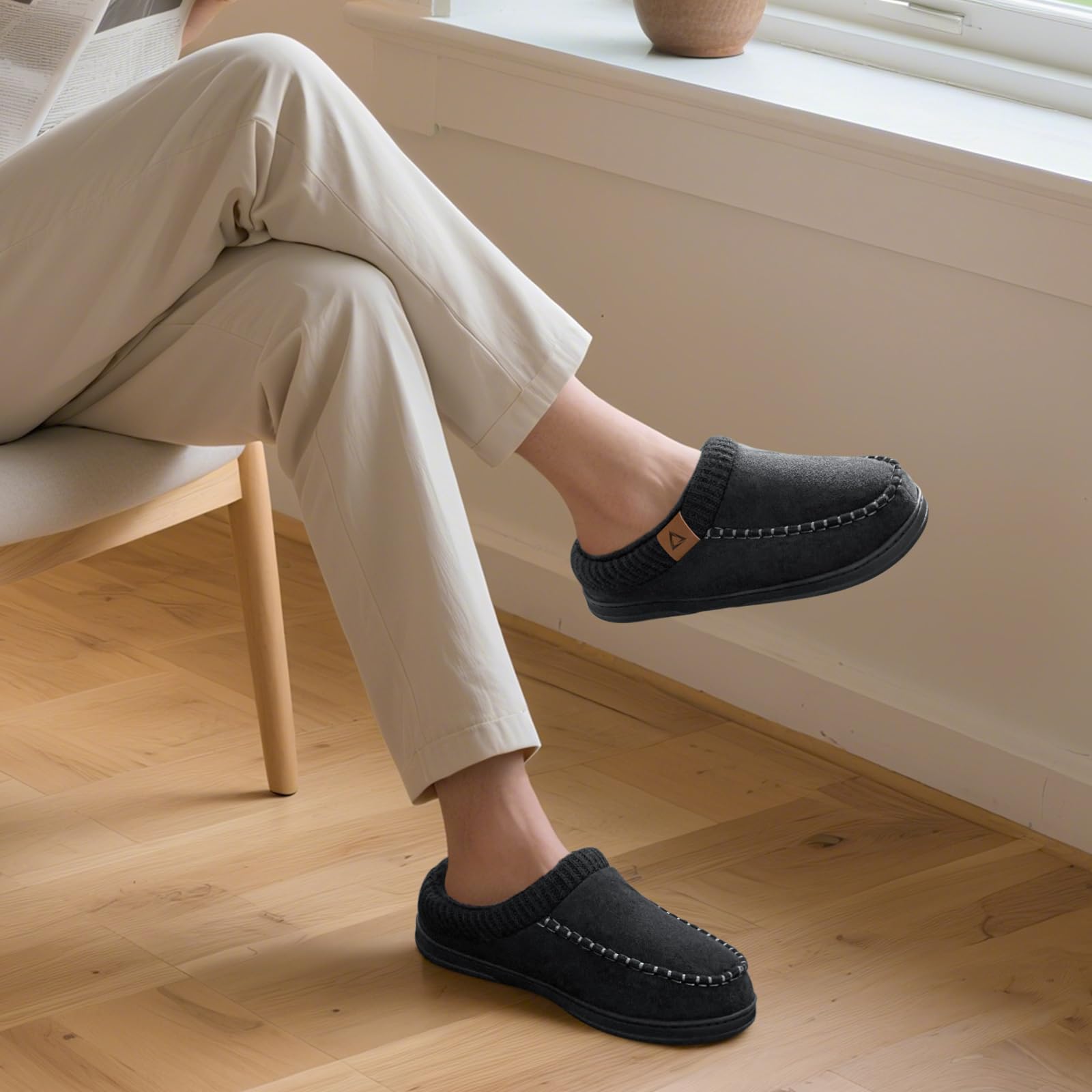 Slippers for Men Memory Foam Indoor Moccasin House Shoes Black Knit Size 11