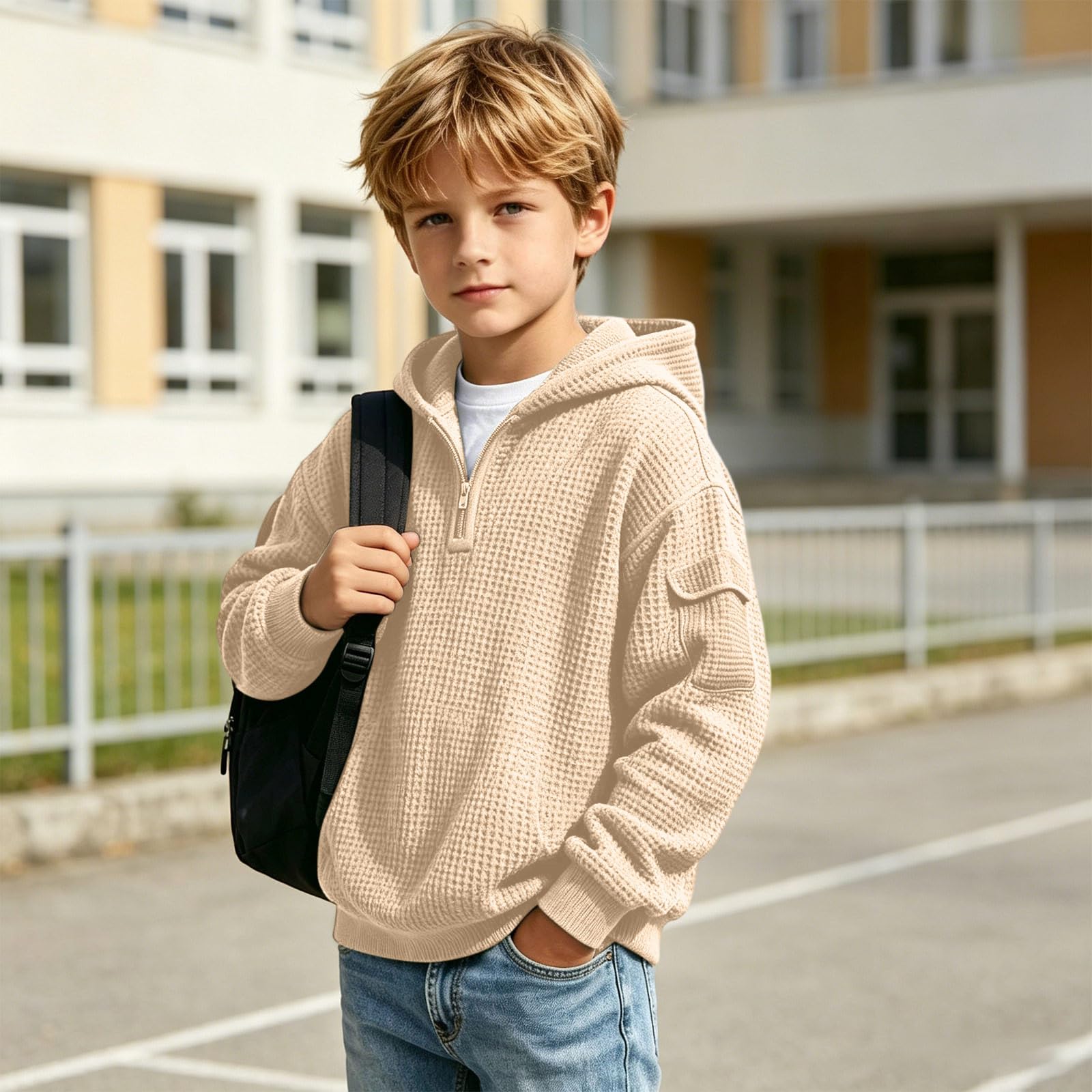 Sudadera con capucha de punto gofrado con cremallera corta para niño