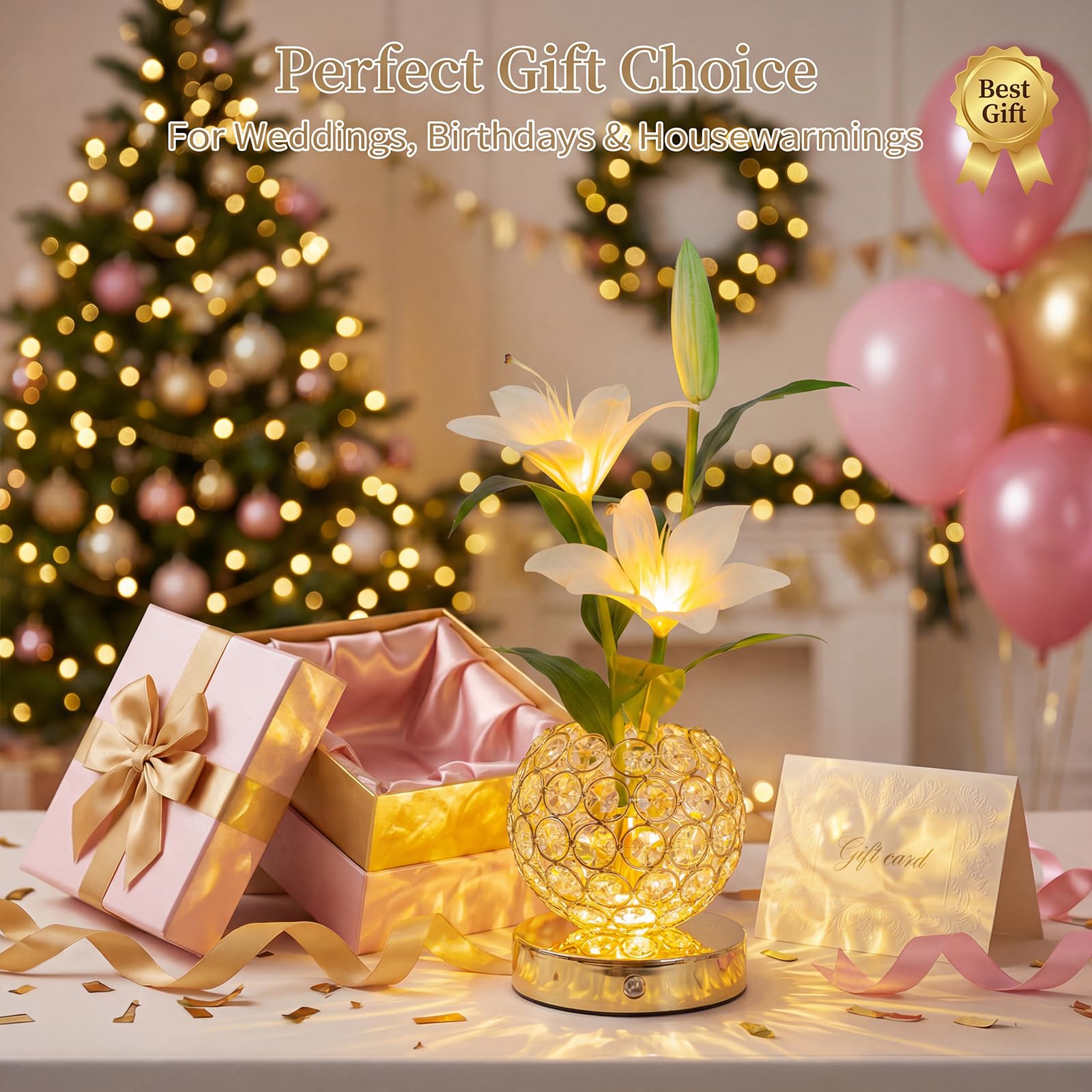 MMHF Stargazer Lily Crystal Table Lamp, Rechargeable Touch Flowers Lamp