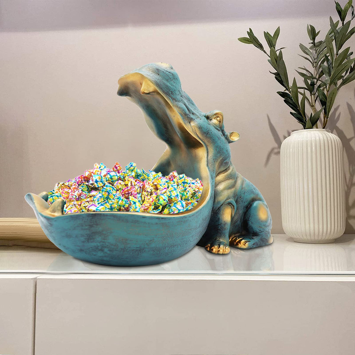 aboxoo Figura de hipopótamo con forma de cuenco, divertido cuenco para llaves, para mesa, azul oscuro
