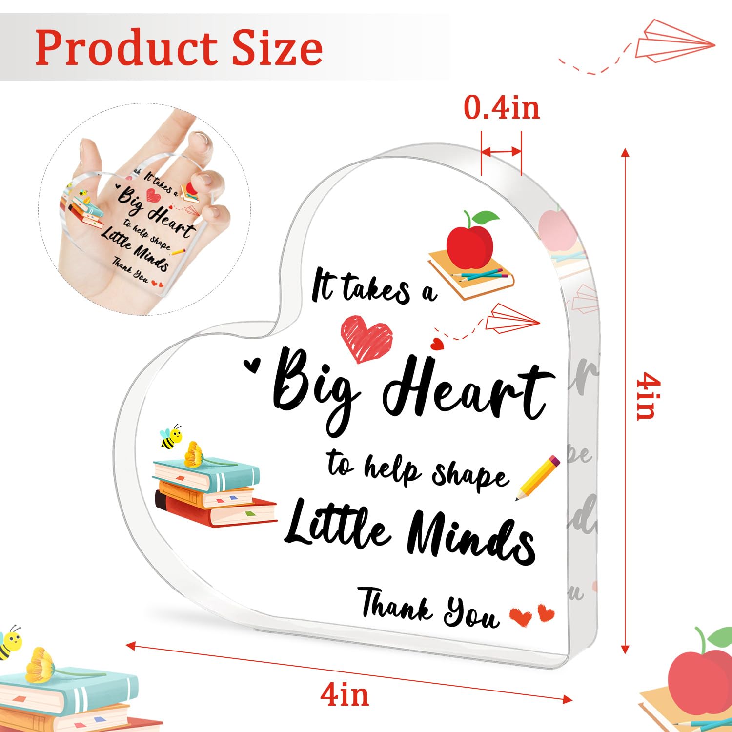 iLifemate Teacher Appreciation Gifts, End Of Year Teacher Gifts - Acrylic Heart Shape Teachers Plaque 4×4 in, Teacher Retirement Gifts for Women Men, End of Year Thank You Teacher Keepsake