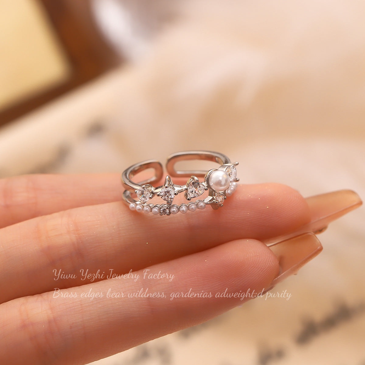 Japanese And Korean Fashion Simple Design Diamond-Encrusted Pearl Double-Layer Open Ring Personalized Accessible Luxury Versatile Index Finger Ring Accessories