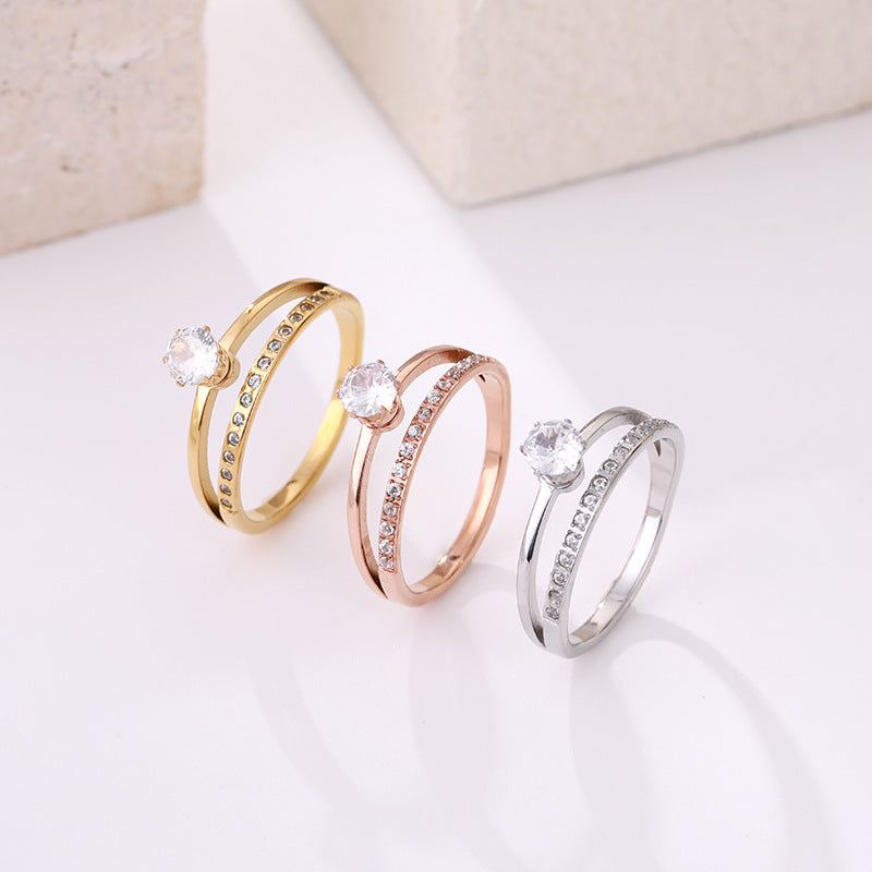Korean-style Geometric Design Elegant Double-layer Zircon Ring
