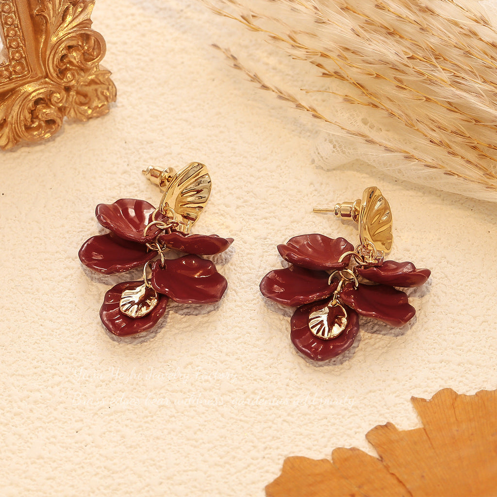 High-End Red Drip Glaze Petal Pendant Tassel Earrings, French Retro New Year Ear Clips, Versatile Personalized Accessories