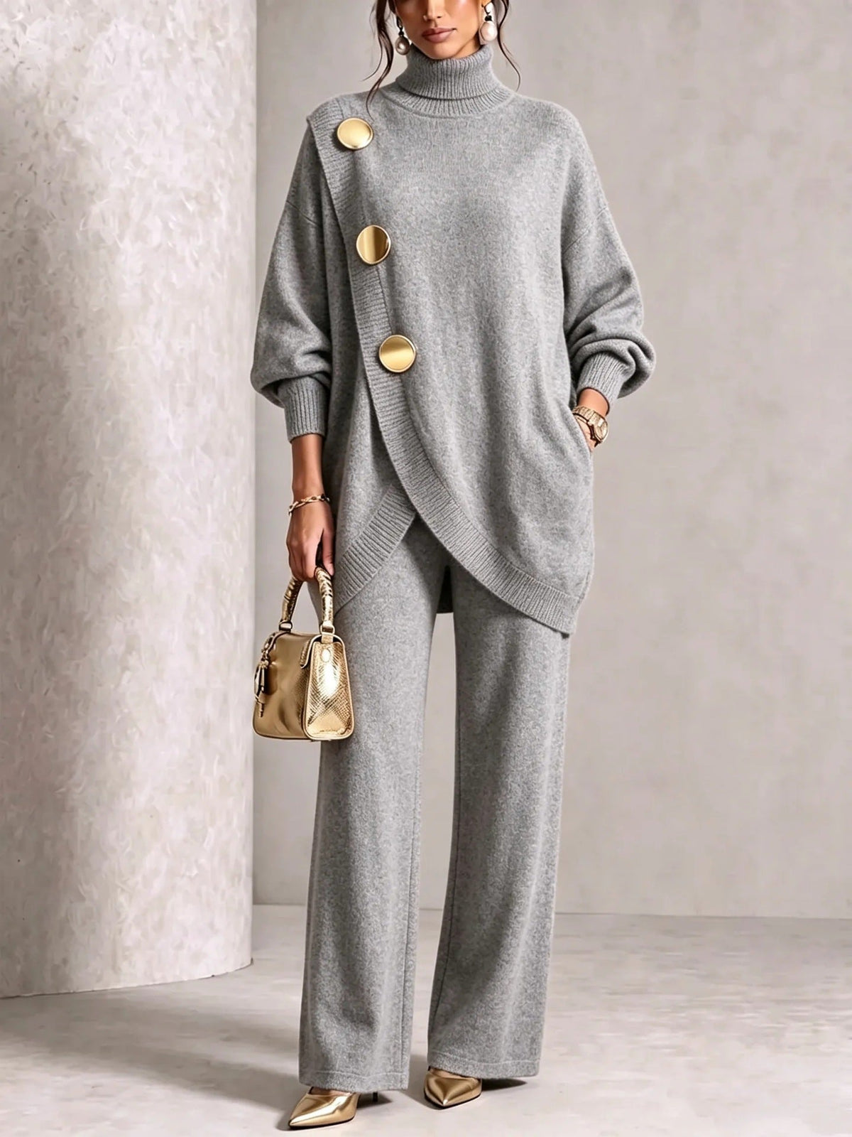 Women's Asymmetric High-Neck Sweater & Wide-Leg Pants Set