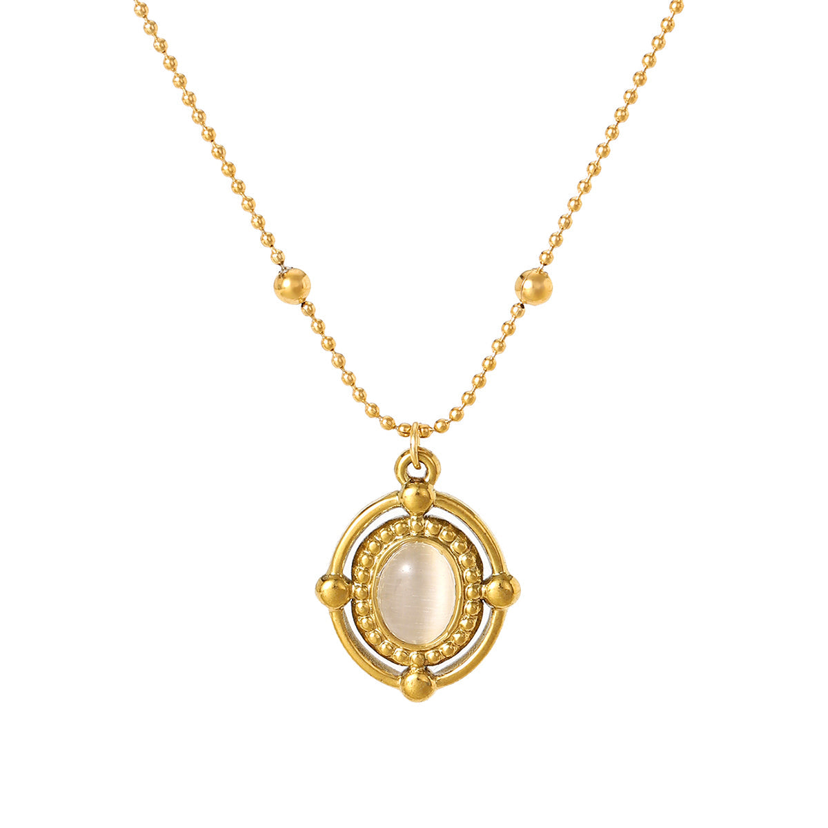 Gold Plated Stainless Steel Vintage Oval Gemstone Pendant Necklace For Women, Beaded Ball Chain Multi-color Stone Boho Statement Necklace Jewelry Gift