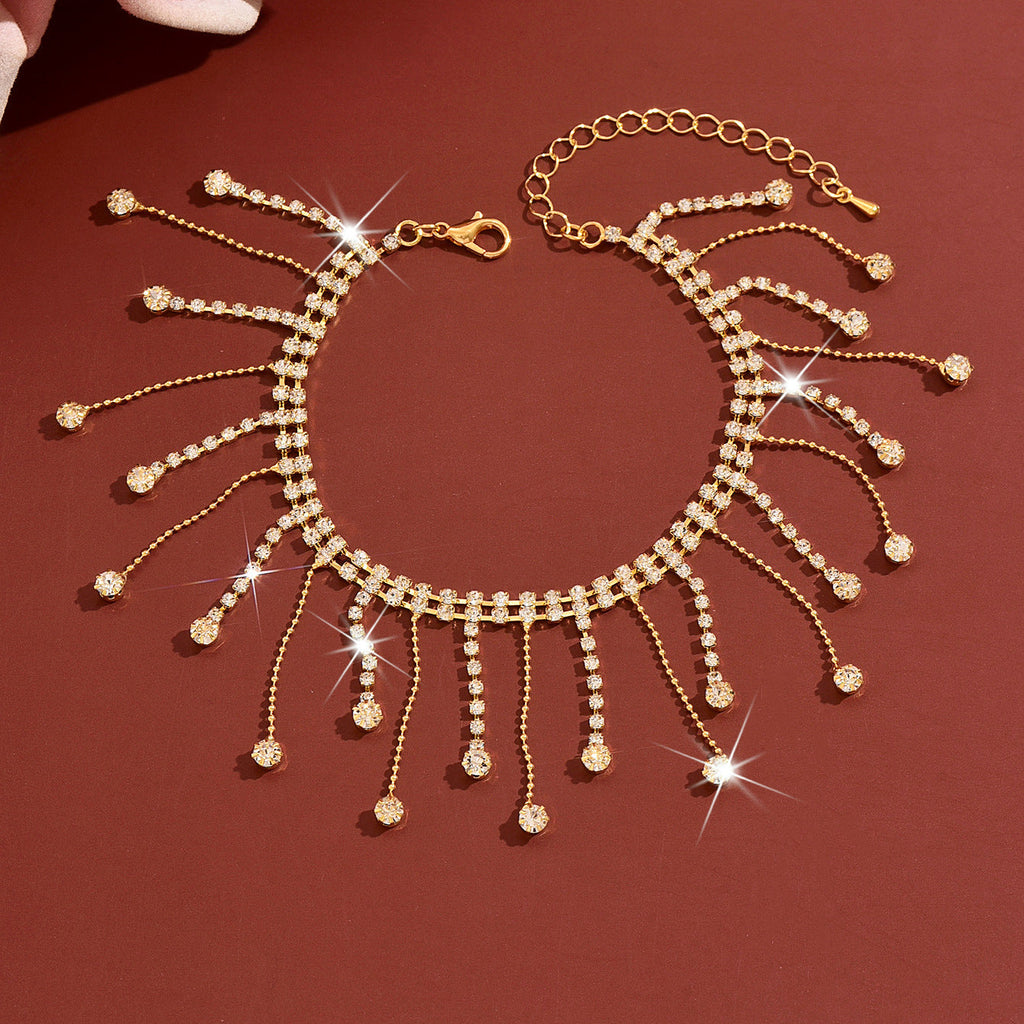 In-Stock Bohemian Style Rhinestone Tassel Anklet, Fashionable And Sweet, Versatile Beach Vacation Foot Accessory