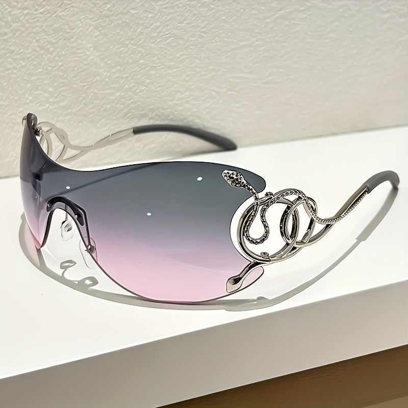 Women Rimless One Piece Shield Sunglasses Uv400 Protective Gradient Lens Eyewear Luxury Metal Snake Ornament Design Lightweight Frame Suitable For Beach Travel Parties And Daily Fashion Outfit Matchin