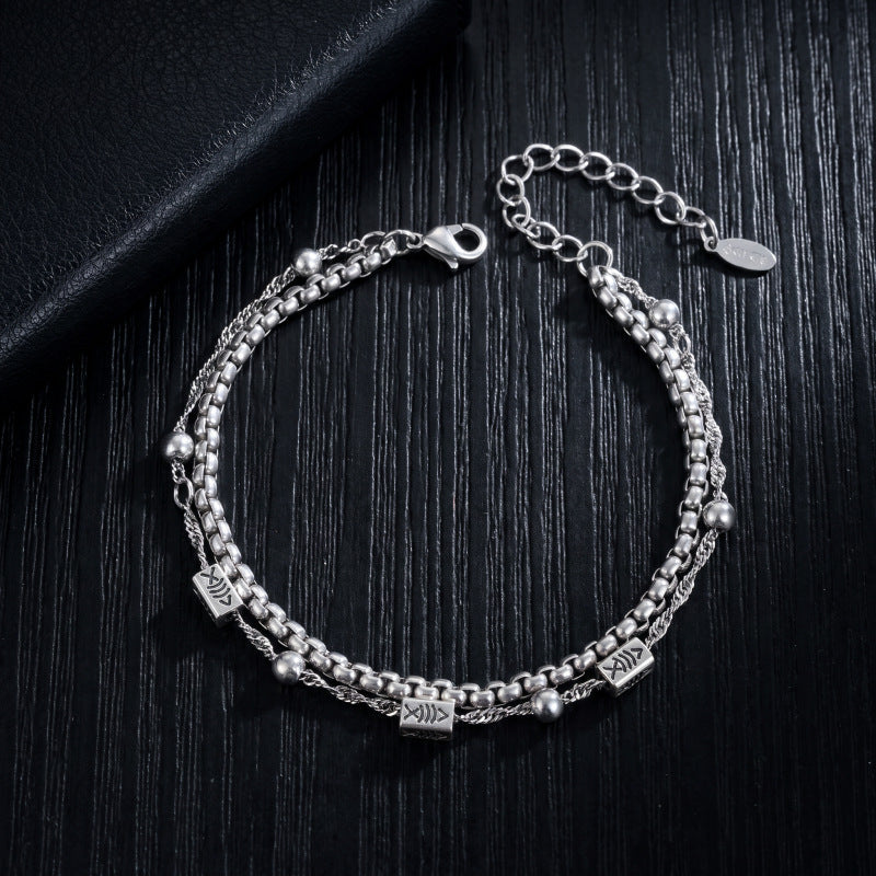 Fishbone Pattern Men Bracelet, Light Luxury High-End Double Layer Bangle For Women, Hip Hop Fashion Versatile Wrist Jewelry