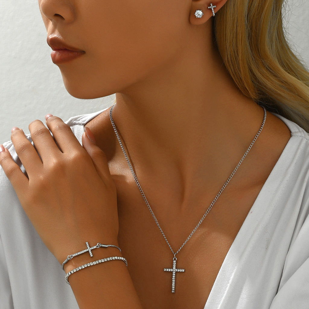 Cross-border European And American Style Ladies Necklace Jewelry Suit Personality Cross Niche Design Diamond Earrings Bracelet Wholesale