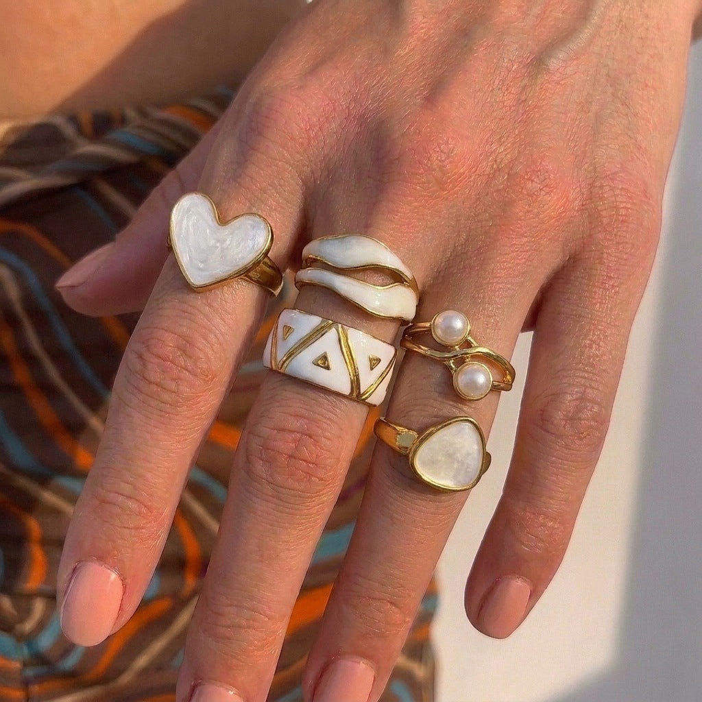 Stainless Steel Heart-shaped Geometric Pearl Inlaid Ring