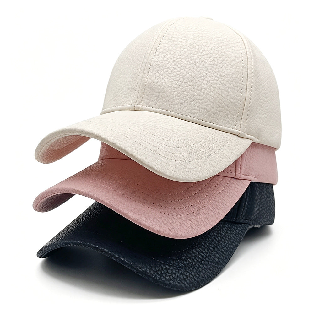 Spring And Autumn Glossy Lychee-patterned PU Leather Baseball Cap, Simple And Stylish, Versatile And Durable. Hard-top Baseball Cap With A Brim, Suitable For Casual Wear And Versatile Applications