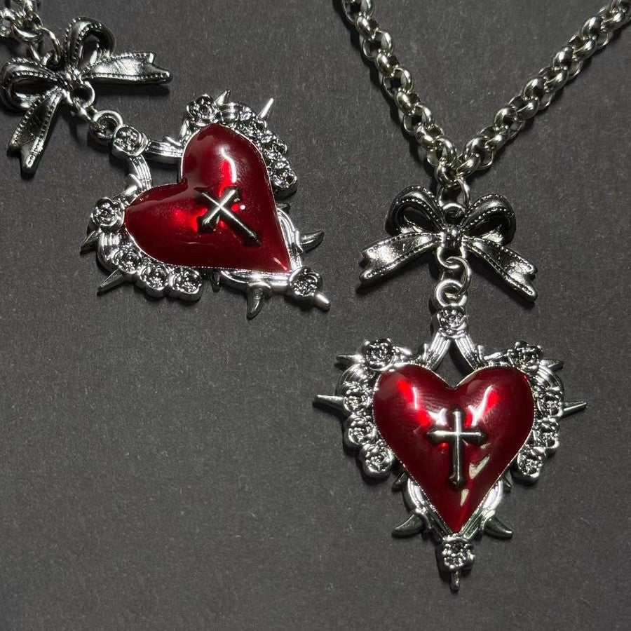 Red And Black Heart-shaped Bow Tie Cross Metal Necklace
