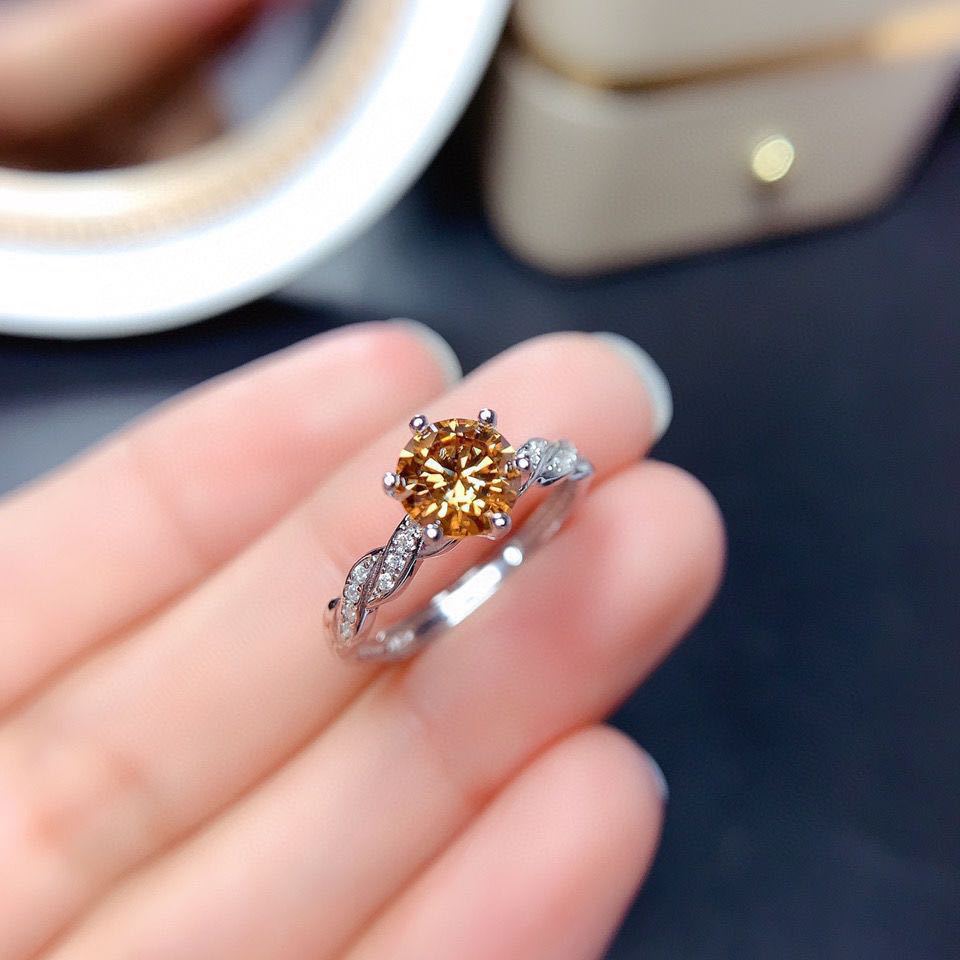 Women 8 Hearts 8 Arrows Champagne Moissanite Open Ring, Full Pave Iced Out Adjustable Simulated Diamond Ring