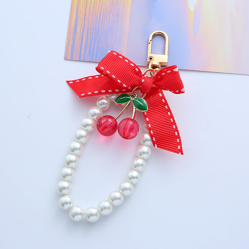 Woven Plaid Bow Strawberry Cherry Pearl Chain Keychain - Cute AirPods Case Pendant Bag Charm Accessory