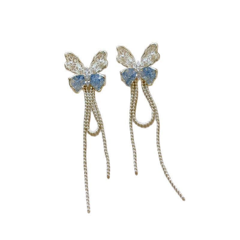 Korean-Style Zircon Hollow Butterfly Tassel Earrings, Light Luxury And High-End Earrings, Exquisite And Sweet Ice-Crystal Ear Accessories