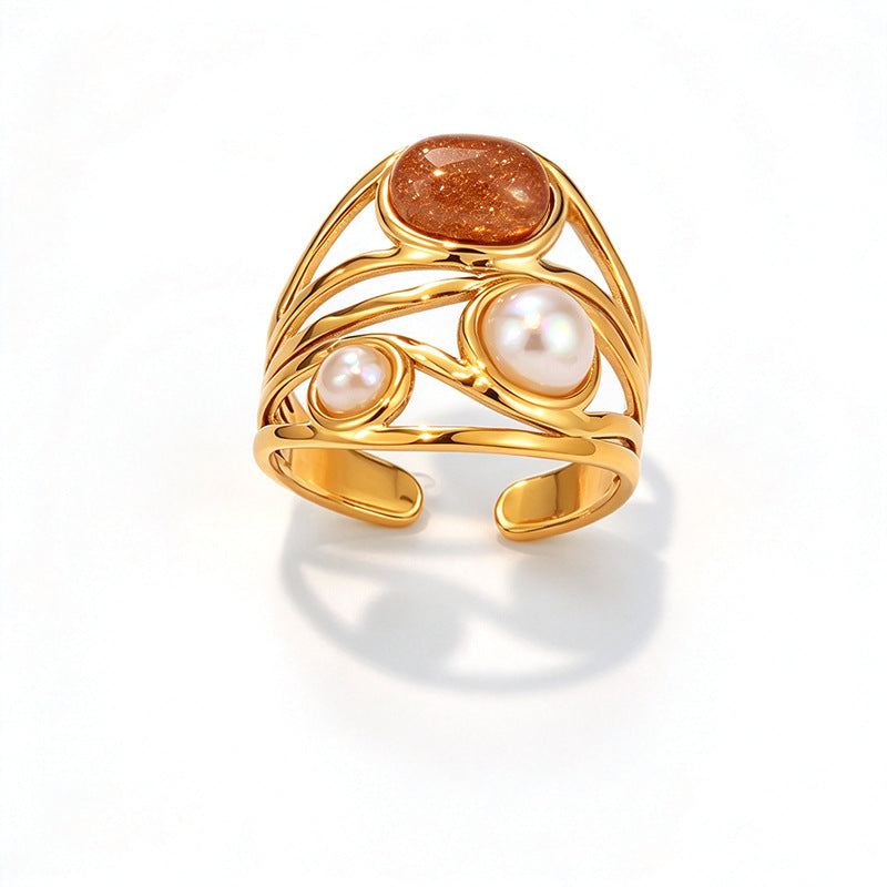 European & American Light Luxury  Pearl Titanium Steel Open Ring, Gold Plated Tarnish Resistant Stainless Steel Jewelry For Women, Cross-border Accessories