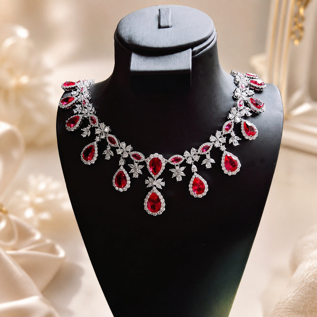 Luxurious French-style Pigeon-blood Ruby Necklace For Women, Featuring High-end Diamond Embellishments And A Long, Elegant Design