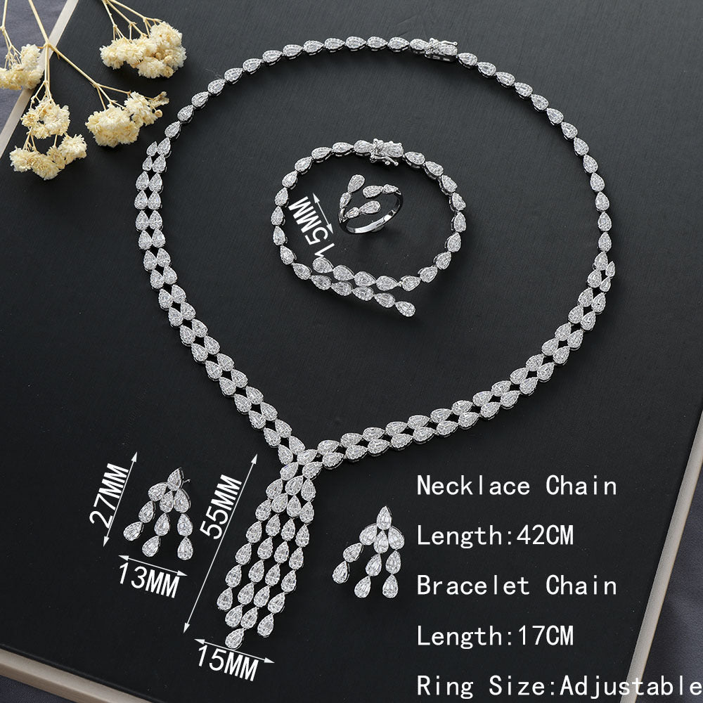 Heavy-duty 4-piece Set Featuring A Water-drop Pendant A Double-layer Water-drop Necklace Earrings A Ring And A Bracelet