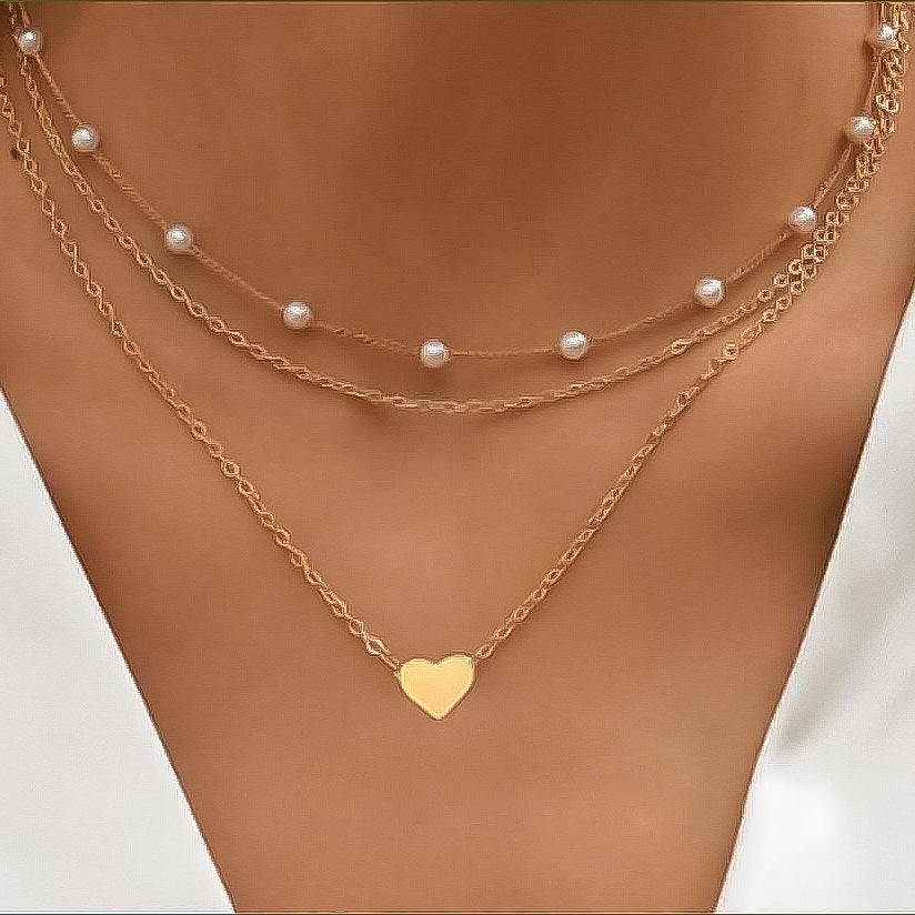 Retro Heart-Shaped Pearl Gold Necklace 3-Piece Set