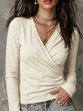 Slim Long Sleeve T-shirt Women's Casual V-Neck Top Ruched Detail Slim Fit Blouse For Daily Wear