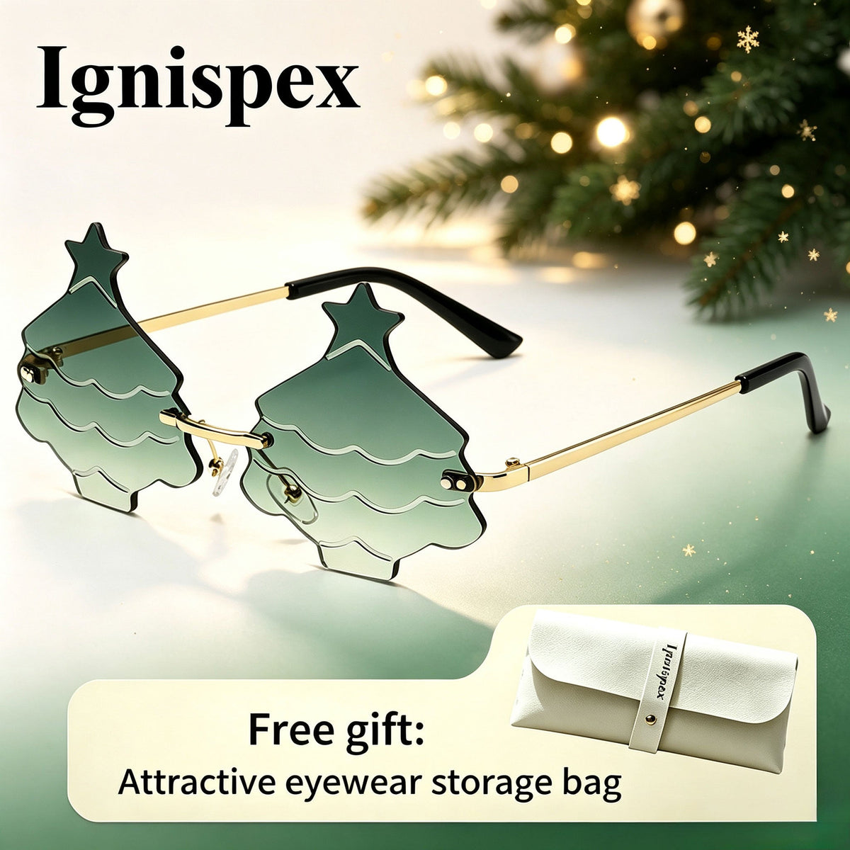 Christmas Tree Shaped Sunglasses, Gradient Green Lens, Rimless Festive Eyewear, Comes With Free Storage Bag.