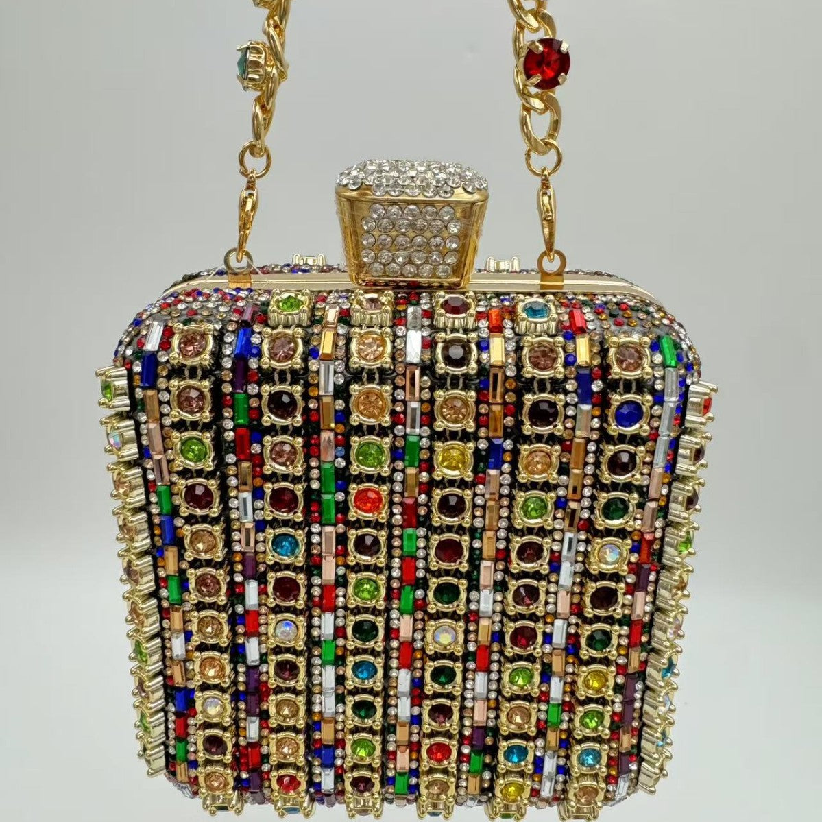 Women's Handmade Chain Rhinestone Square Mini Bag, Full Rhinestone Evening Clutch, Top-Handle Handbag, Sparkling Mini Square Purse For Party & Wedding