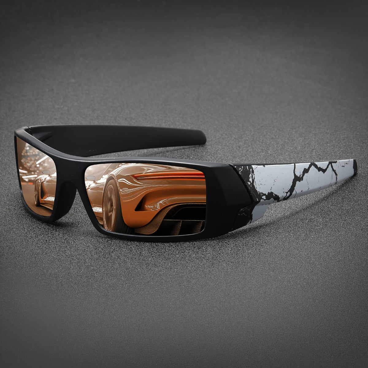 Wraparound Rectangular Sunglasses, Red Mirrored Lens Eyewear, Crack Printed Temple Suitable For Cycling, Fishing, Beach Travel And Daily Outdoor Activities.