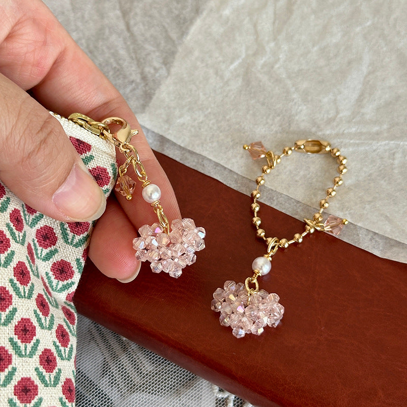 Love-shaped Imitation Crystal And Pearl Purse Charm With Zipper Pull For Womens Bags