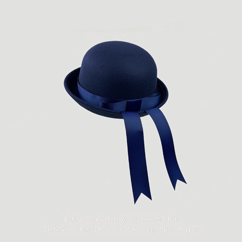 Woolen Preppy-style Hat With A Bow And Ribbon