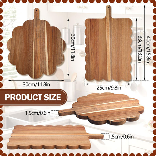 Acacia Wood Scalloped Cutting Boards Set, Decorative Wooden Charcuterie Boards with Handle for Cheese Pizza Meat Fruit Bread Baking, Cottagecore Farmhouse Kitchen Serving Trays Decor