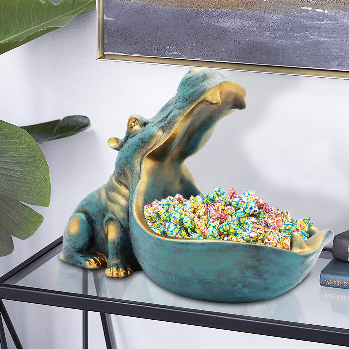 aboxoo Figura de hipopótamo con forma de cuenco, divertido cuenco para llaves, para mesa, azul oscuro