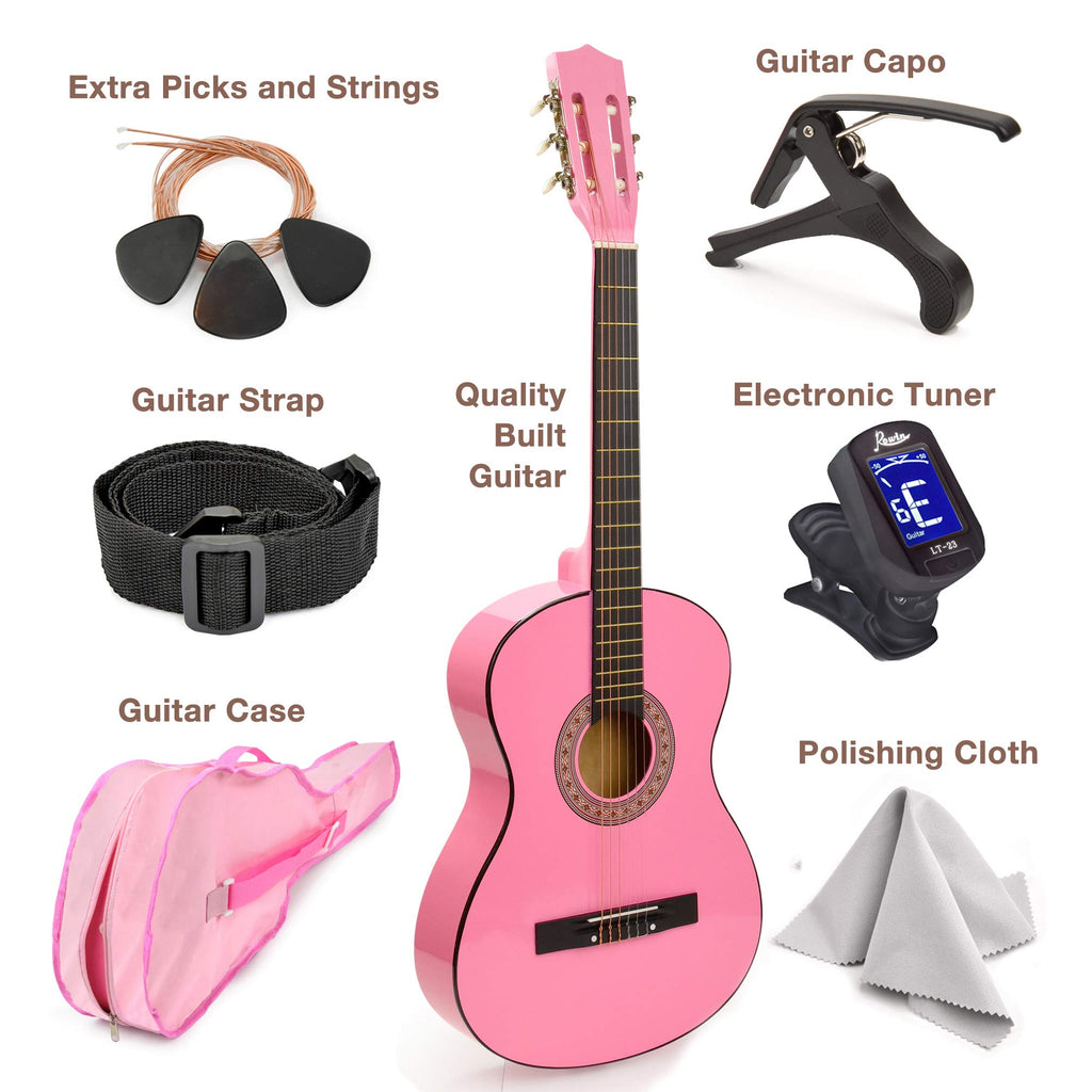MasterPlay Kids Guitar, 30” Beginner Classical Wood Guitar For Learners, With starter kit, Bag, Strap, Tuner, Pick, Extra String, Cleaning cloth, Christmas, Birthday Gift for Girls Ages 5-12, Pink