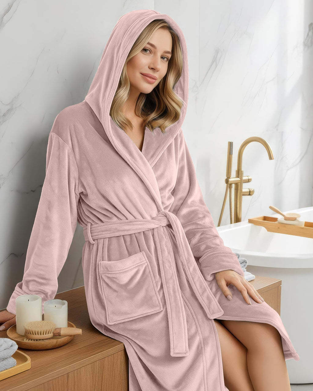 Bata prémium con capucha para mujer NY Threads, bata larga de felpa polar para mujer, bata de baño suave y esponjosa para mujer, talla extragrande, color gris topo