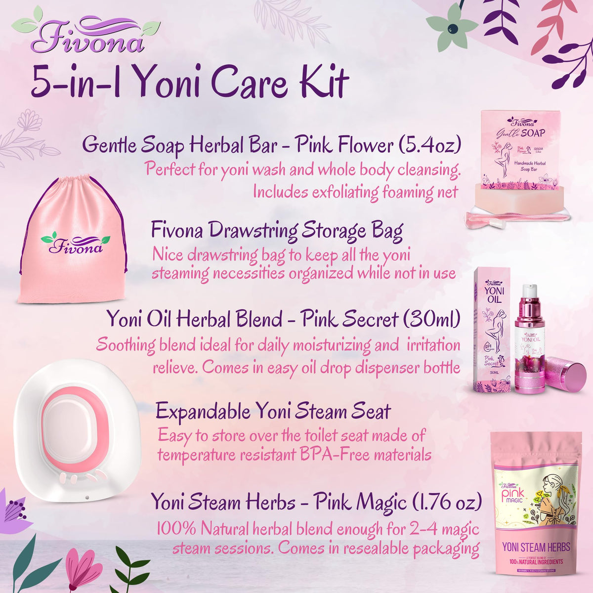 Fivona Yoni Care Kit 5-in-1 V-Steaming Set Includes Sitz Bath Seat, Pink Magic Herbs, Feminine Oil, Herbal Soap, Storage Bag, All Natural Herbal Vaginal Care Set