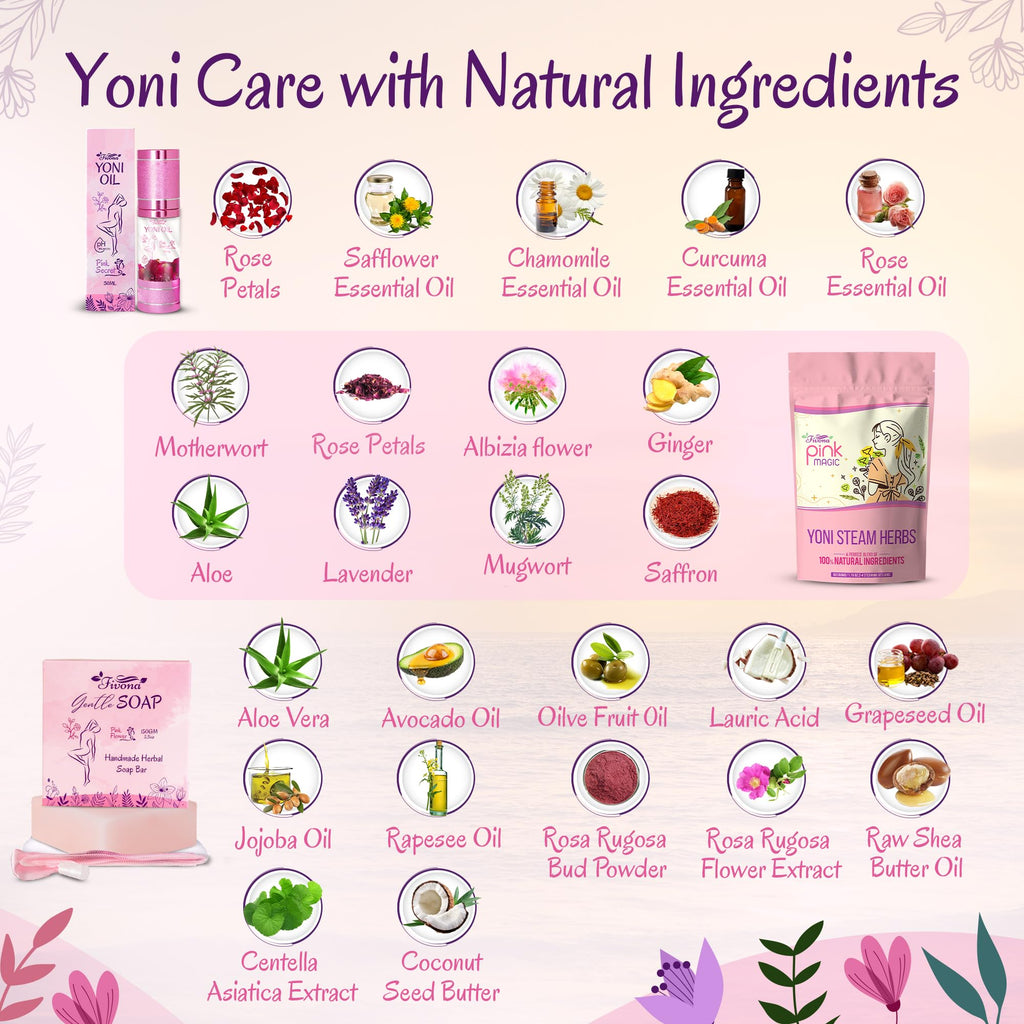 Fivona Yoni Care Kit 5-in-1 V-Steaming Set Includes Sitz Bath Seat, Pink Magic Herbs, Feminine Oil, Herbal Soap, Storage Bag, All Natural Herbal Vaginal Care Set