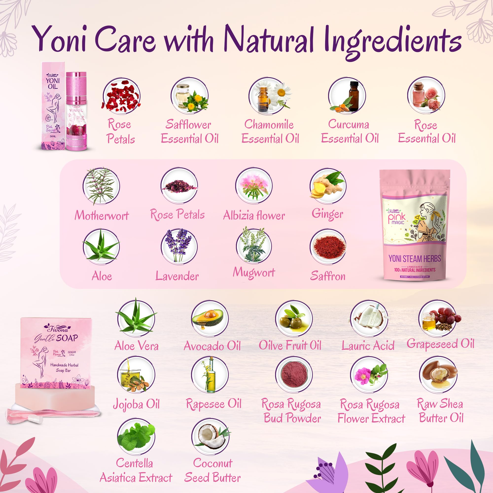 Fivona Yoni Care Kit 5-in-1 V-Steaming Set Includes Sitz Bath Seat, Pink Magic Herbs, Feminine Oil, Herbal Soap, Storage Bag, All Natural Herbal Vaginal Care Set