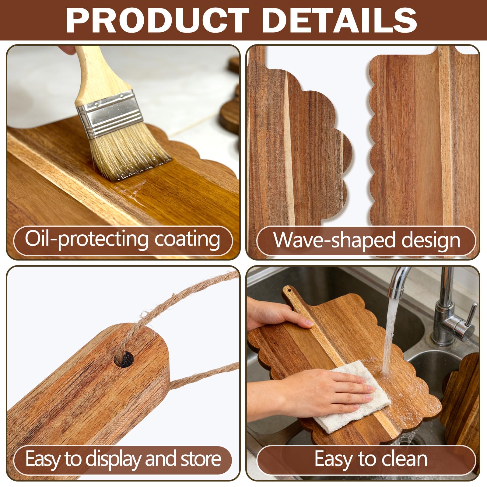 Acacia Wood Scalloped Cutting Boards Set, Decorative Wooden Charcuterie Boards with Handle for Cheese Pizza Meat Fruit Bread Baking, Cottagecore Farmhouse Kitchen Serving Trays Decor
