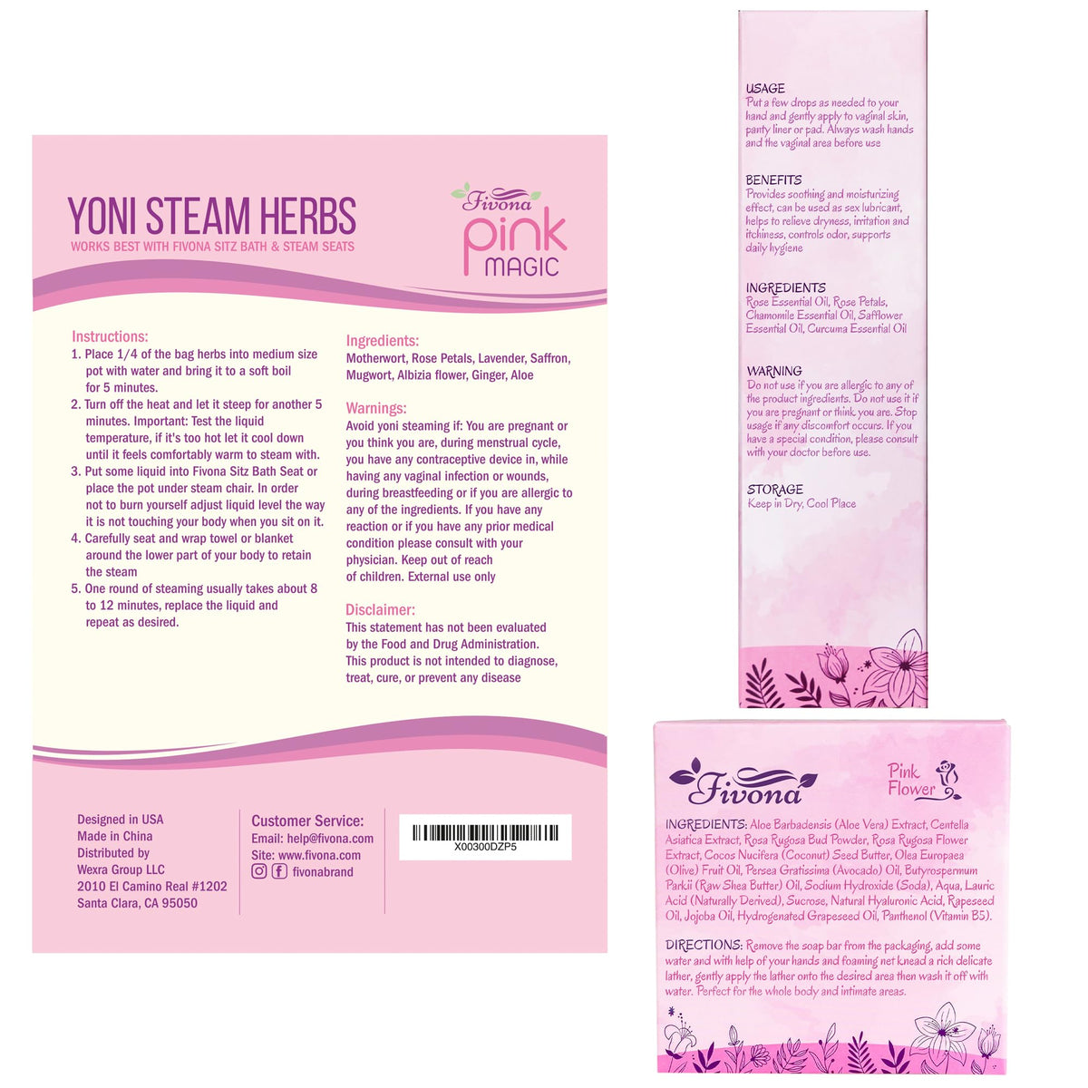 Fivona Yoni Care Kit 5-in-1 V-Steaming Set Includes Sitz Bath Seat, Pink Magic Herbs, Feminine Oil, Herbal Soap, Storage Bag, All Natural Herbal Vaginal Care Set
