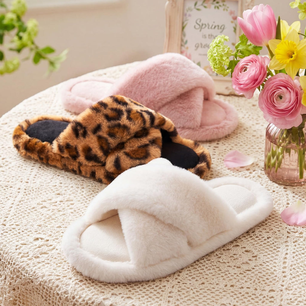 Snug Leaves Women's Fluffy Open Toe Slippers Cross Band Cheetah,5-6 US