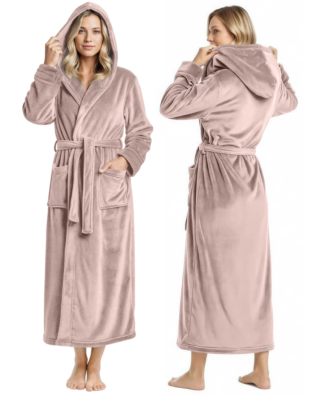 Bata prémium con capucha para mujer NY Threads, bata larga de felpa polar para mujer, bata de baño suave y esponjosa para mujer, talla extragrande, color gris topo