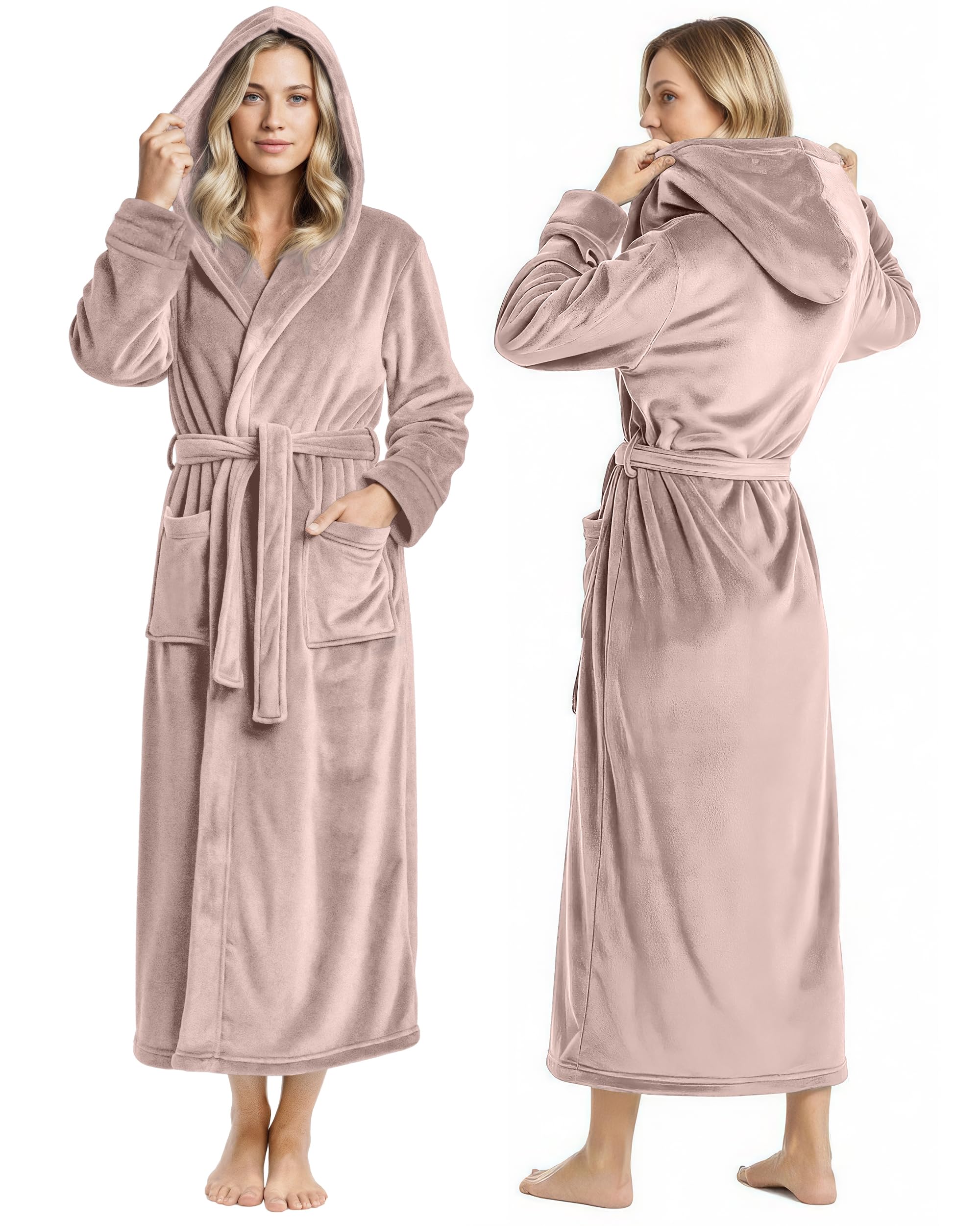 Bata prémium con capucha para mujer NY Threads, bata larga de felpa polar para mujer, bata de baño suave y esponjosa para mujer, talla extragrande, color gris topo